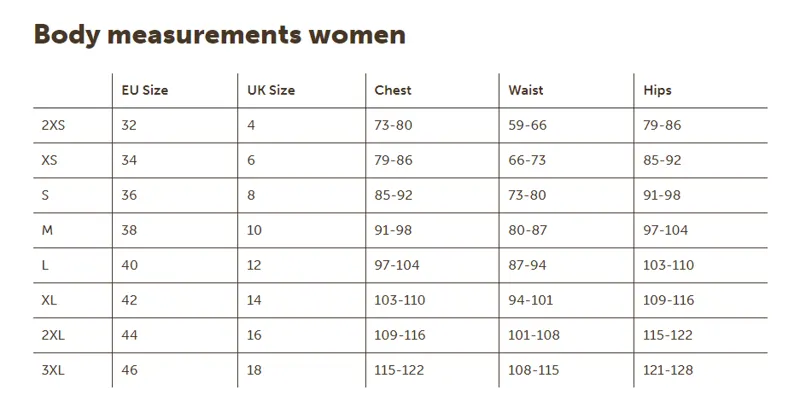 Ladies Baleno clothing size chart